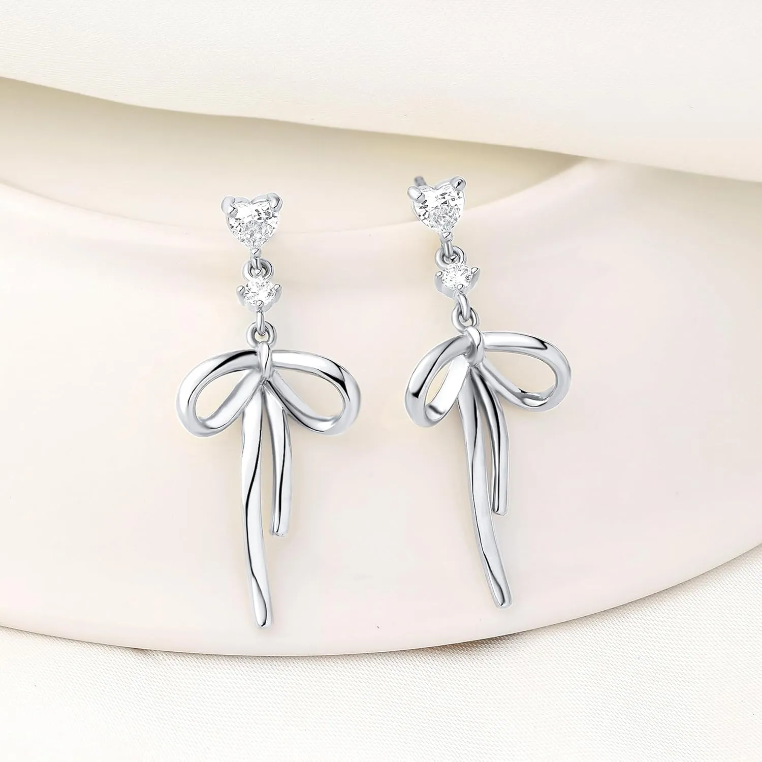 DAILY VIBES Dainty Gold Pearl Drop Dangle Earrings for Women 925 Sterling Silver Post Cute 14K Gold Plated Cubic Zirconia Small Heart Bow Earrings for Women