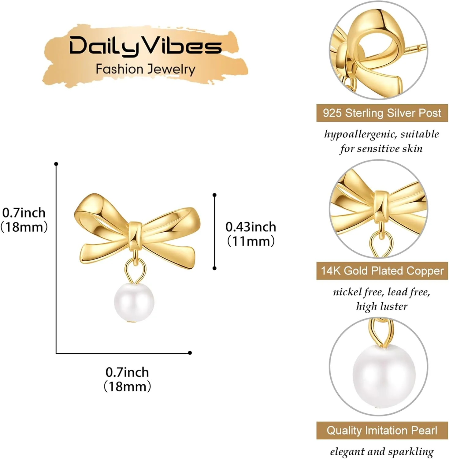 DAILY VIBES Dainty Gold Pearl Drop Dangle Earrings for Women 925 Sterling Silver Post Cute 14K Gold Plated Cubic Zirconia Small Heart Bow Earrings for Women