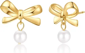 DAILY VIBES Dainty Gold Pearl Drop Dangle Earrings for Women 925 Sterling Silver Post Cute 14K Gold Plated Cubic Zirconia Small Heart Bow Earrings for Women