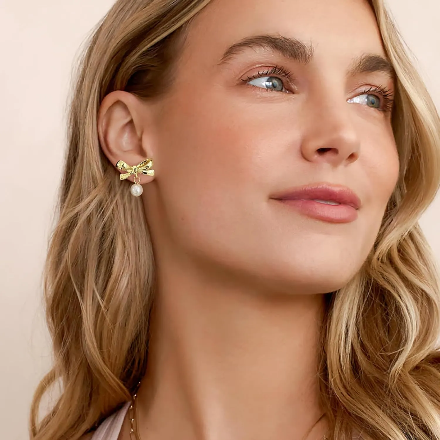 DAILY VIBES Dainty Gold Pearl Drop Dangle Earrings for Women 925 Sterling Silver Post Cute 14K Gold Plated Cubic Zirconia Small Heart Bow Earrings for Women