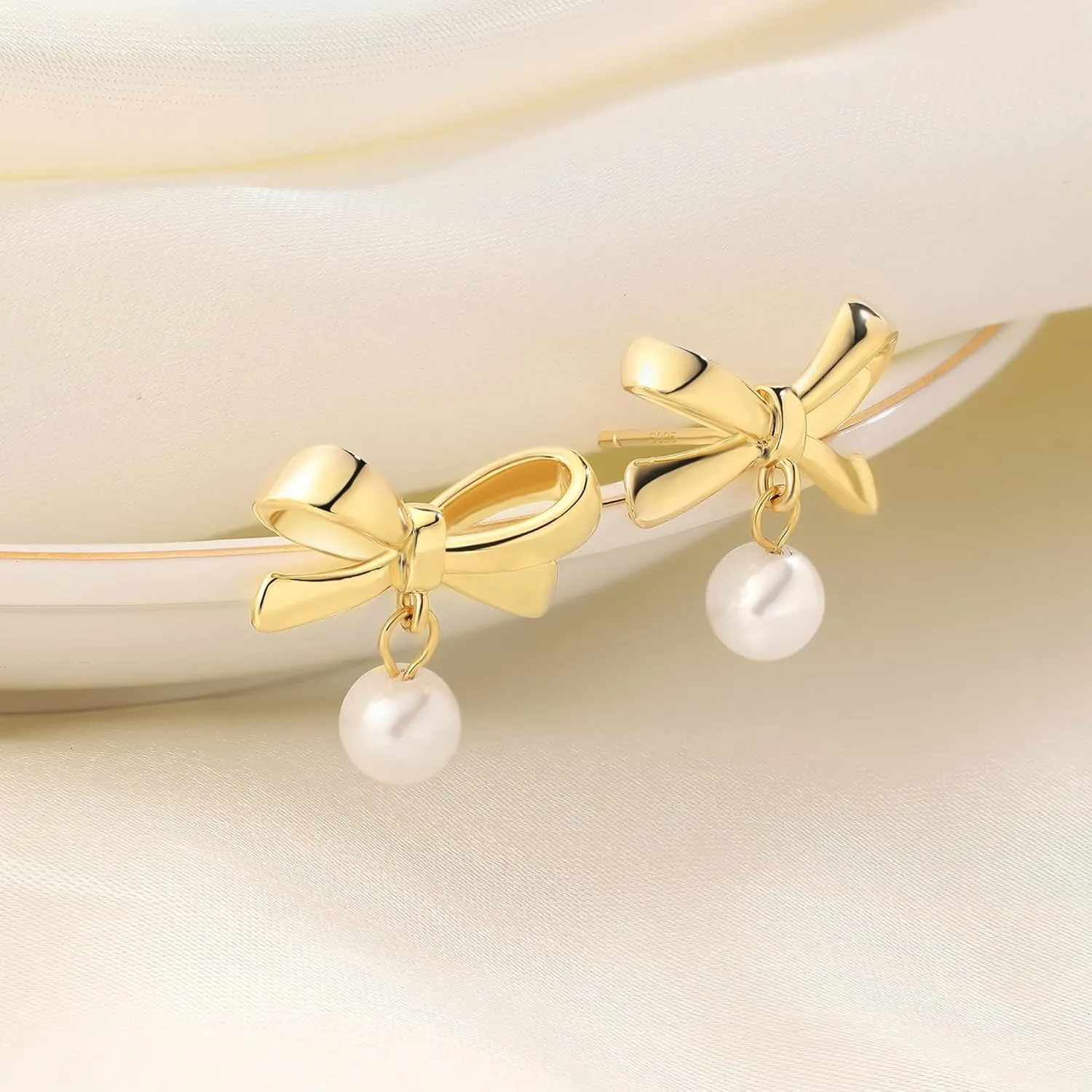 DAILY VIBES Dainty Gold Pearl Drop Dangle Earrings for Women 925 Sterling Silver Post Cute 14K Gold Plated Cubic Zirconia Small Heart Bow Earrings for Women