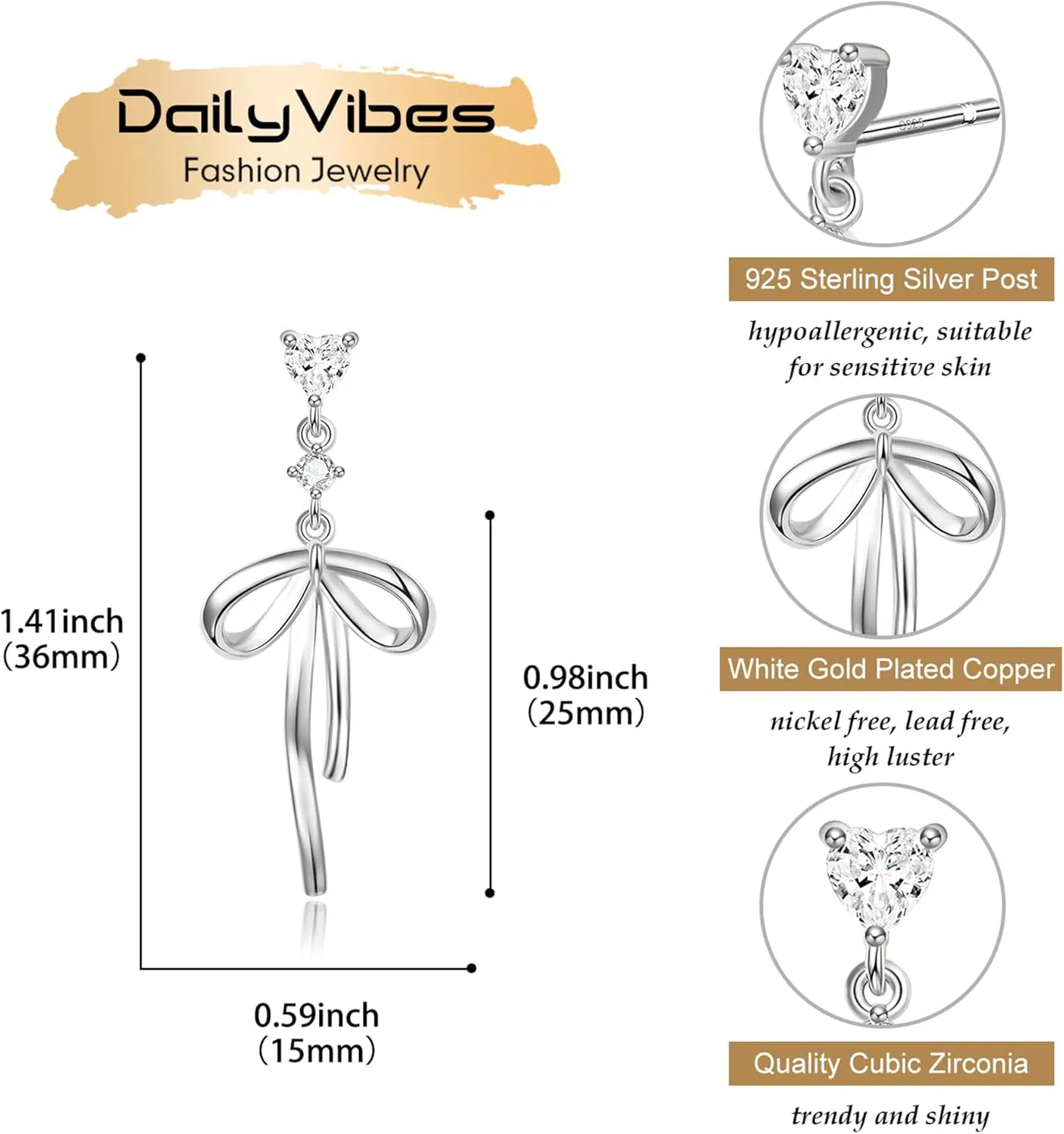 DAILY VIBES Dainty Gold Pearl Drop Dangle Earrings for Women 925 Sterling Silver Post Cute 14K Gold Plated Cubic Zirconia Small Heart Bow Earrings for Women