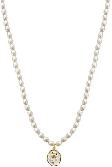 Dainty Rose Flower Pearl Beaded Choker Necklace for Women Elegant Vintage Handmade White Pearl Beads Chain Collar Coin Pendant Medallion Charm Necklaces Y2K Boho Wedding Birthday Prom Party Jewelry Gift