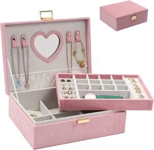 Dajasan Jewelry Boxes for Women Girls, Jewelry Organizer Box, 2-Layer Large Velvet Jewelry Organizer for Rings Necklaces Bracelets Watch EarringPink