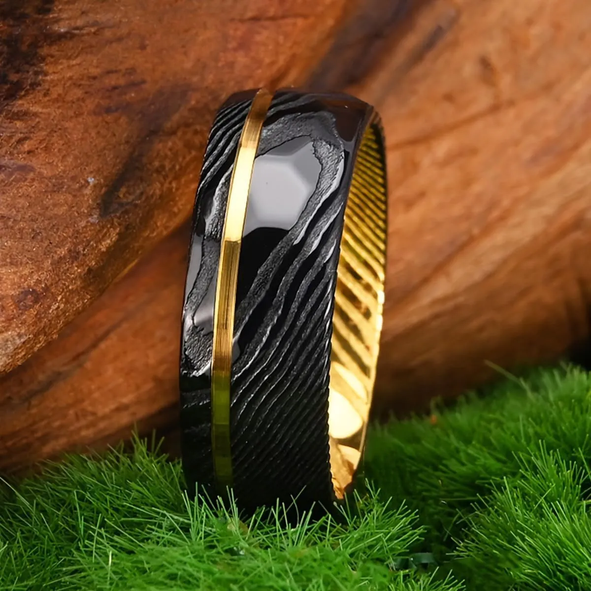 Damascus Steel Rings for Men Women 8mm Black Hammered Inlaid Golden Groove Men's Engagement Wedding Bands Classic Fashion High Polish