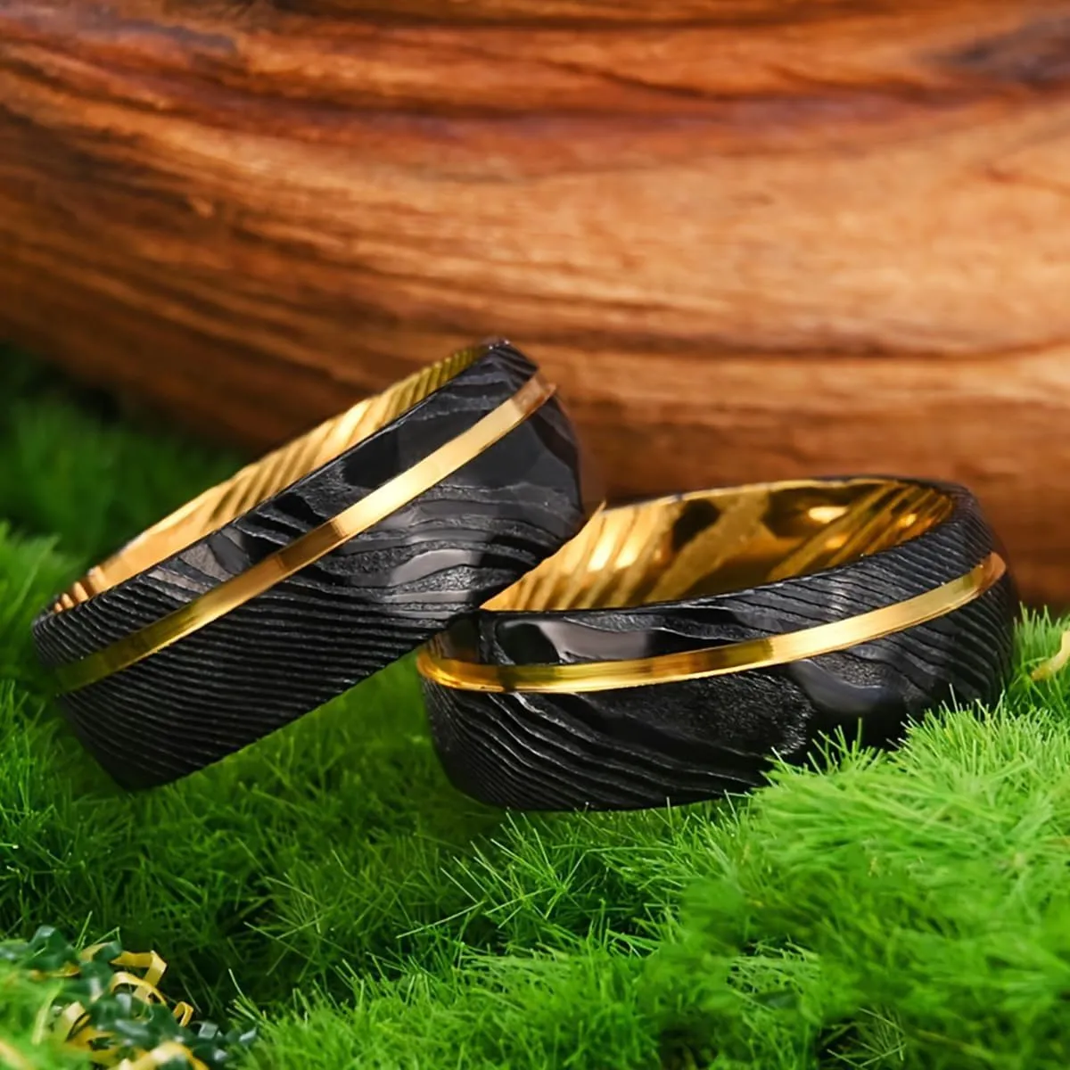 Damascus Steel Rings for Men Women 8mm Black Hammered Inlaid Golden Groove Men's Engagement Wedding Bands Classic Fashion High Polish