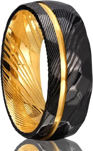 Damascus Steel Rings for Men Women 8mm Black Hammered Inlaid Golden Groove Men's Engagement Wedding Bands Classic Fashion High Polish
