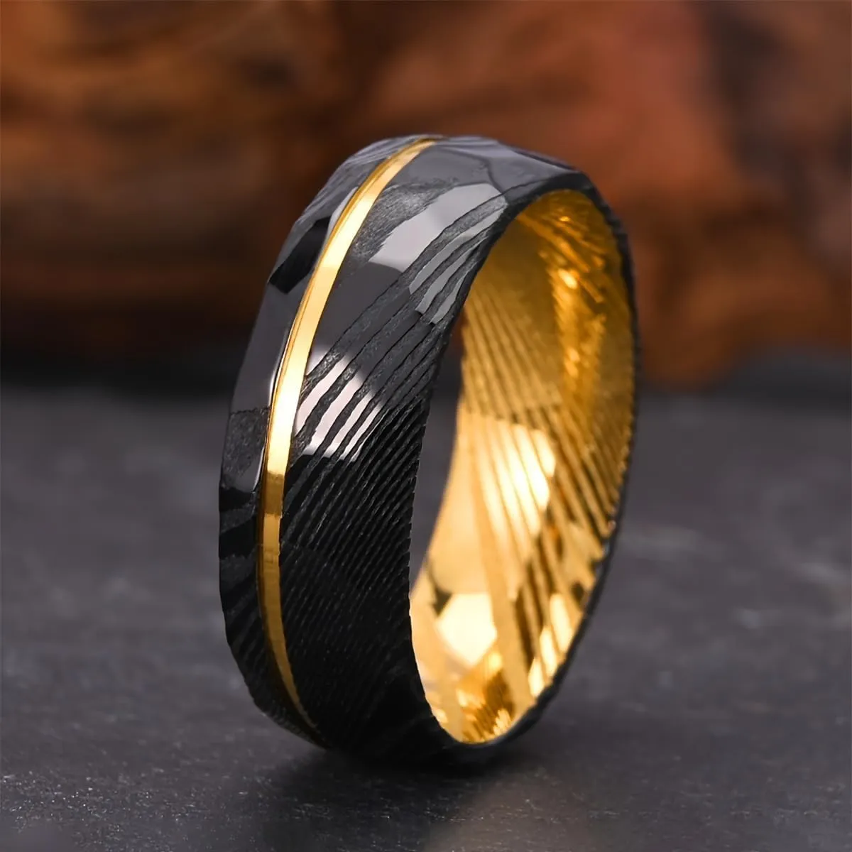 Damascus Steel Rings for Men Women 8mm Black Hammered Inlaid Golden Groove Men's Engagement Wedding Bands Classic Fashion High Polish