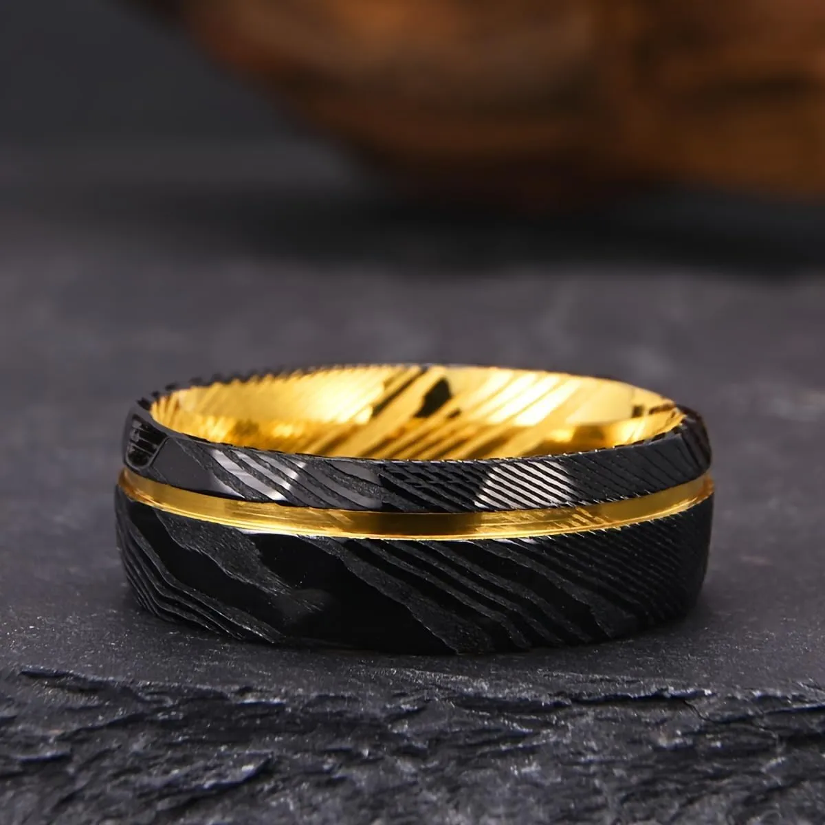 Damascus Steel Rings for Men Women 8mm Black Hammered Inlaid Golden Groove Men's Engagement Wedding Bands Classic Fashion High Polish