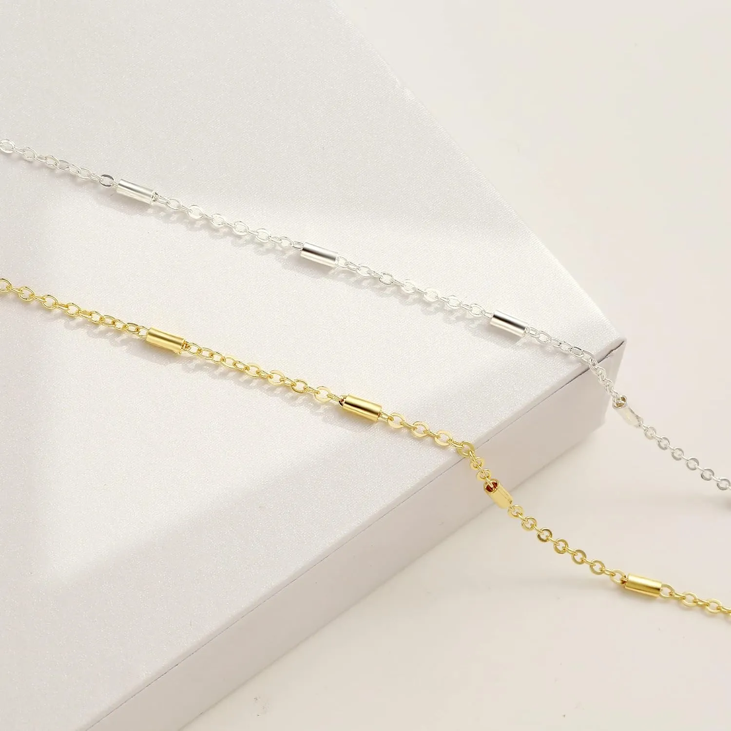 Danity Gold Necklace for Women 14K Gold Plated Satellite Necklaces Gold Link Chain Necklace Tiny Dot Bar Necklace Simple Everyday Jewelry Gift