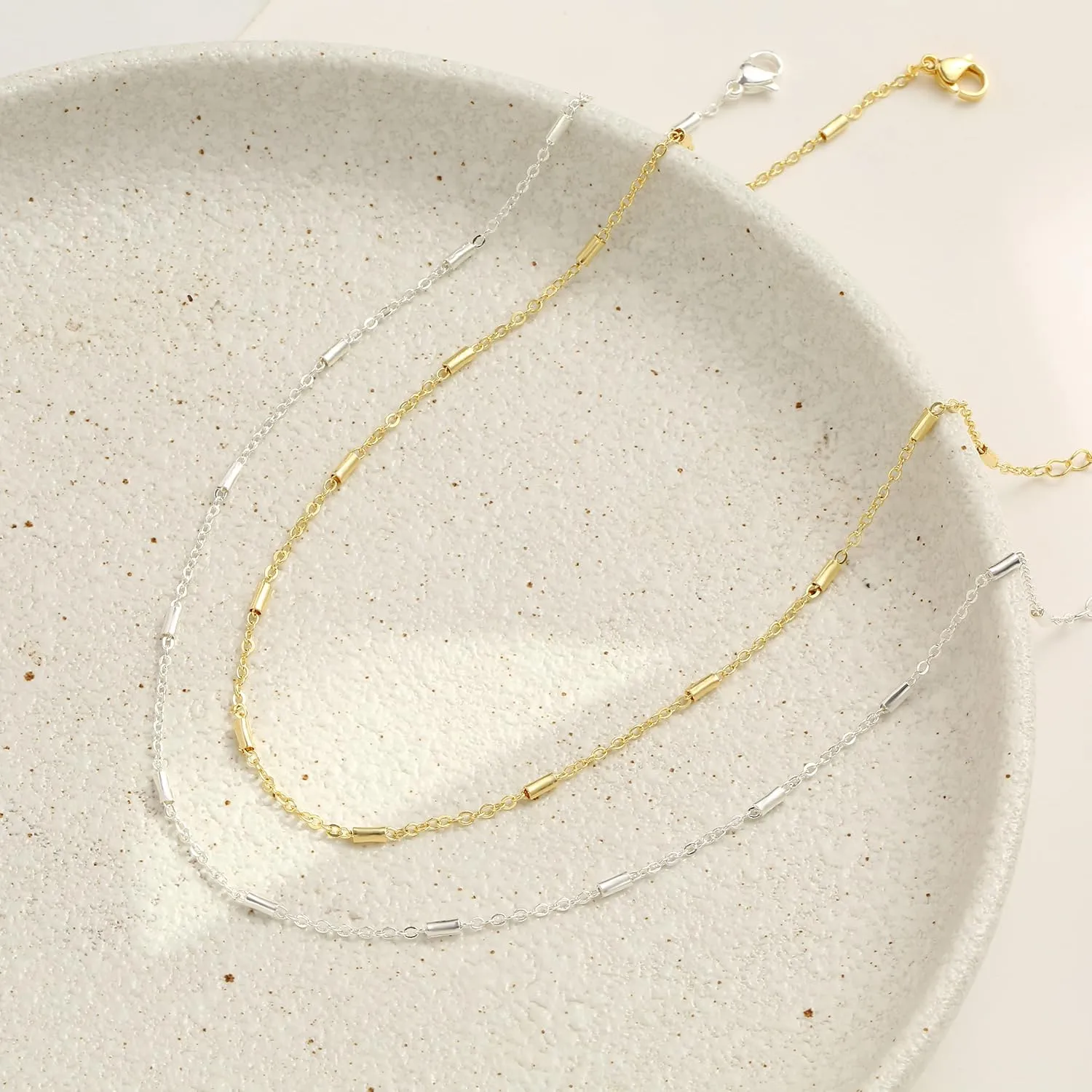 Danity Gold Necklace for Women 14K Gold Plated Satellite Necklaces Gold Link Chain Necklace Tiny Dot Bar Necklace Simple Everyday Jewelry Gift