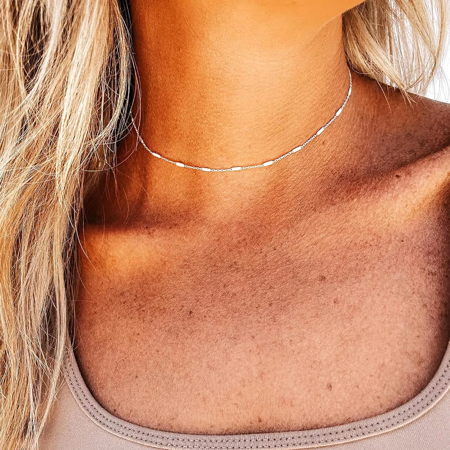 Danity Gold Necklace for Women 14K Gold Plated Satellite Necklaces Gold Link Chain Necklace Tiny Dot Bar Necklace Simple Everyday Jewelry Gift