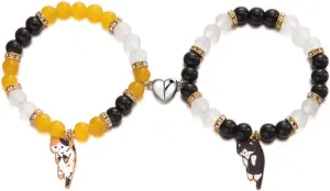 DATOA 2Pcs Cute Kawaii Cartoon Cat Couple Friendship Bracelet Animal Heart Bracelets Y2k Colorful Cat Glass Beaded Bracelet for Women Men Relationship Jewelry Gifts