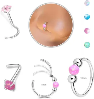 Davka Nose Ring Set: 18G Opal & 20G Pink Cubic Zirconia Nose Studs - 4 Pieces, Modern, Clicker Closure, Implant Grade, Surgical Steel