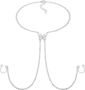 D.Bella Fake Piercing with Chain Fake Rings for Women - Non Piercing Ring with Butterfly Necklaces