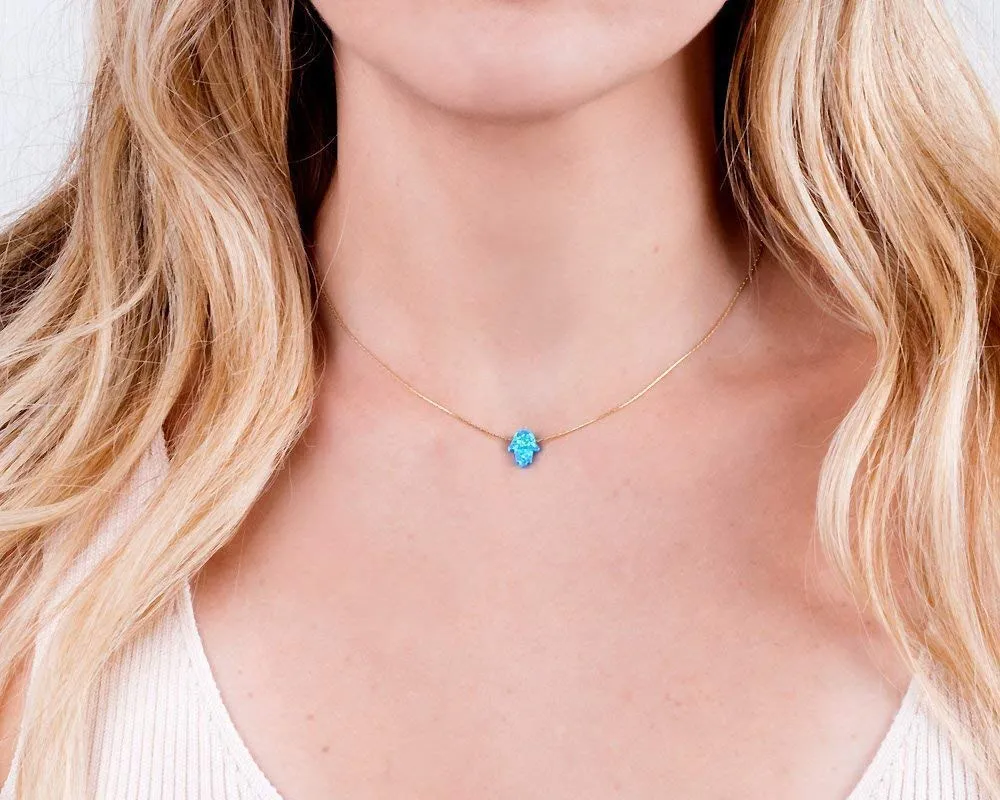 Delicate 14K Gold Filled Opal Hamsa Choker Necklace - Delicate Thin Gold Chain with Sparkling White Blue Hand Charm for Modern Protection (Royal Blue, Gold Filled)