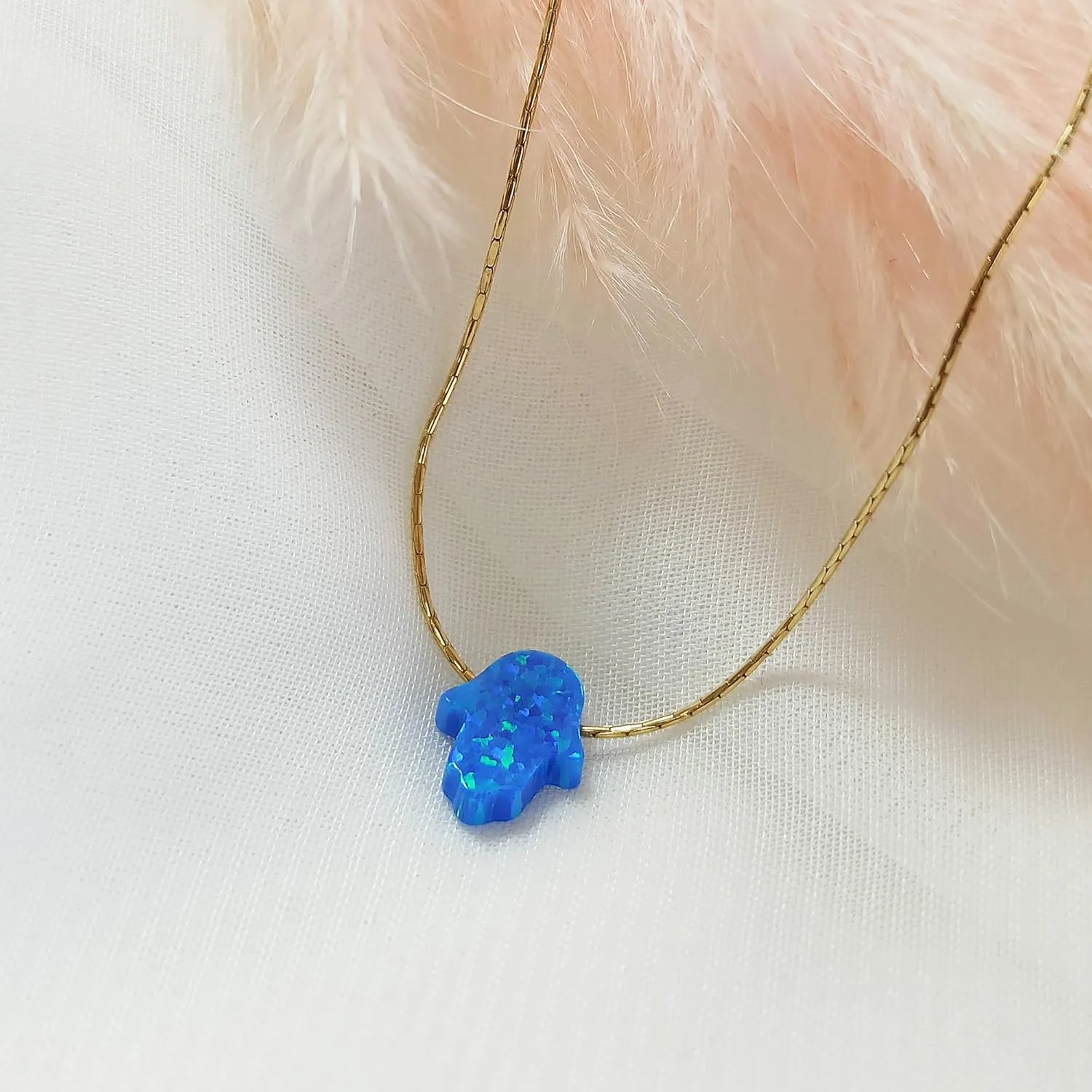 Delicate 14K Gold Filled Opal Hamsa Choker Necklace - Delicate Thin Gold Chain with Sparkling White Blue Hand Charm for Modern Protection (Royal Blue, Gold Filled)