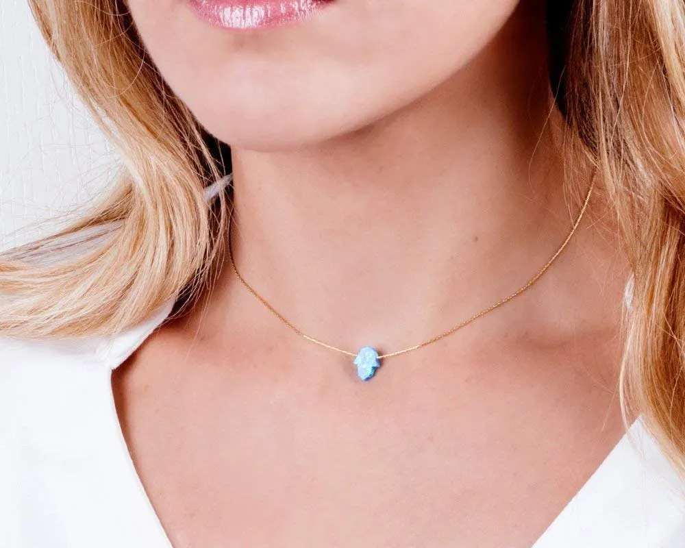 Delicate 14K Gold Filled Opal Hamsa Choker Necklace - Delicate Thin Gold Chain with Sparkling White Blue Hand Charm for Modern Protection (Royal Blue, Gold Filled)