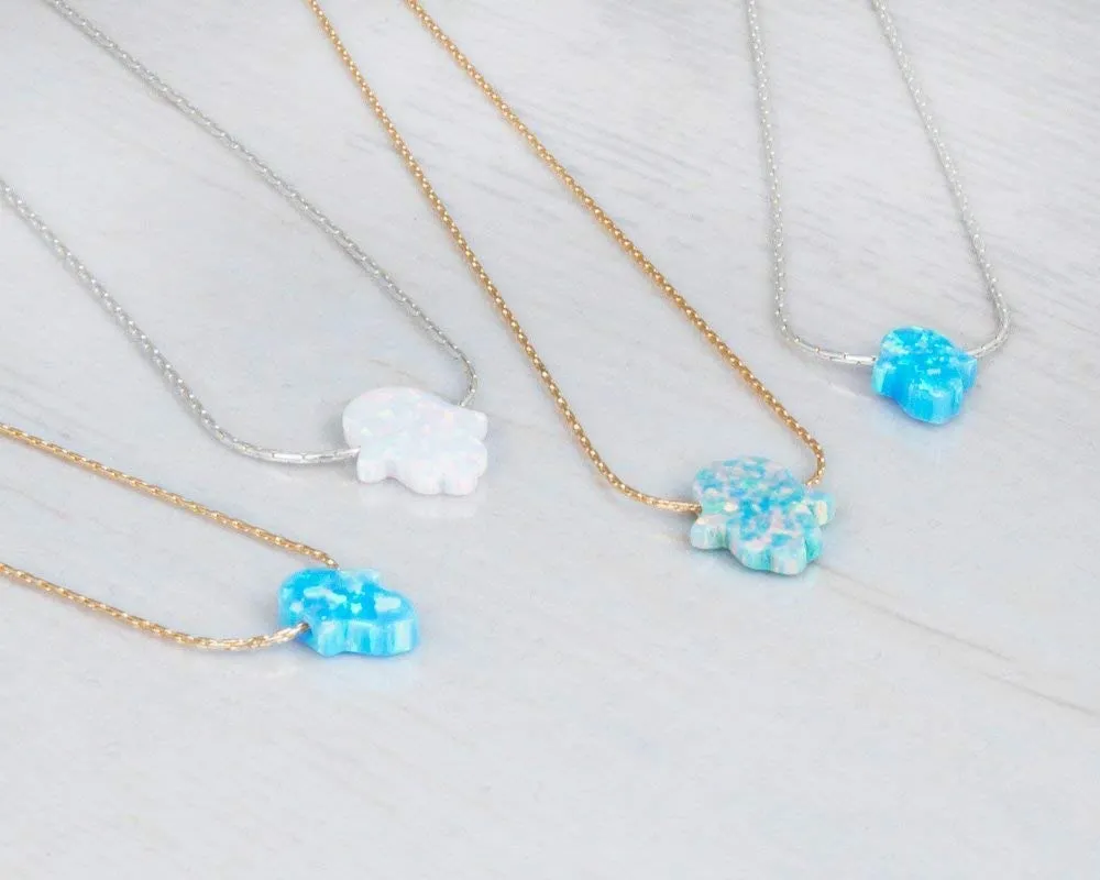 Delicate 14K Gold Filled Opal Hamsa Choker Necklace - Delicate Thin Gold Chain with Sparkling White Blue Hand Charm for Modern Protection (Royal Blue, Gold Filled)