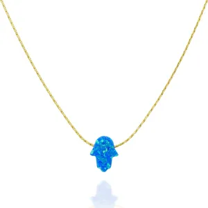 Delicate 14K Gold Filled Opal Hamsa Choker Necklace - Delicate Thin Gold Chain with Sparkling White Blue Hand Charm for Modern Protection (Royal Blue, Gold Filled)