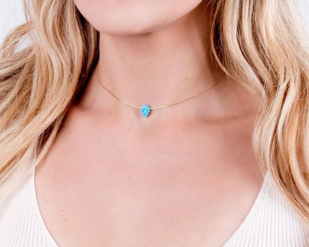 Delicate 14K Gold Filled Opal Hamsa Choker Necklace - Delicate Thin Gold Chain with Sparkling White Blue Hand Charm for Modern Protection (Royal Blue, Gold Filled)