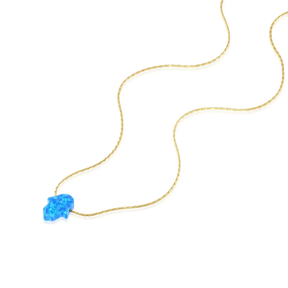 Delicate 14K Gold Filled Opal Hamsa Choker Necklace - Delicate Thin Gold Chain with Sparkling White Blue Hand Charm for Modern Protection (Royal Blue, Gold Filled)