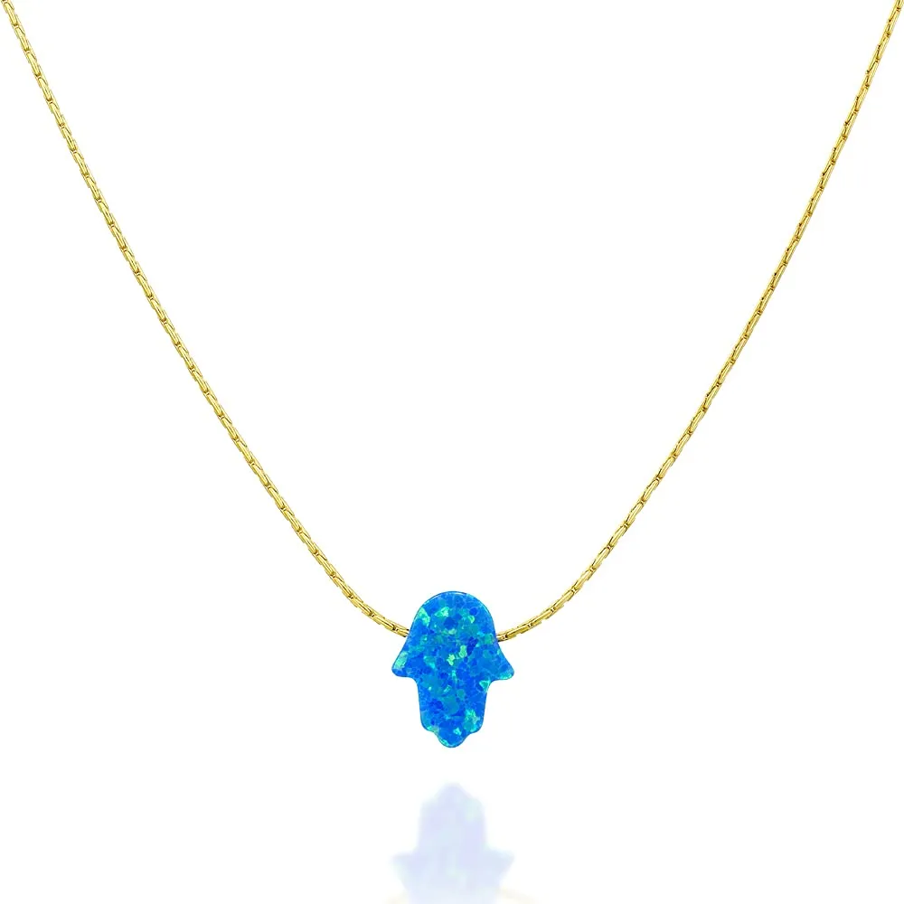 Delicate 14K Gold Filled Opal Hamsa Choker Necklace - Delicate Thin Gold Chain with Sparkling White Blue Hand Charm for Modern Protection (Royal Blue, Gold Filled)