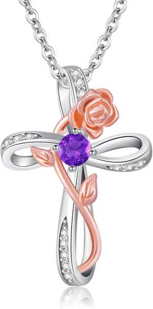 Diamond Cross Birthstone Necklace for Women Rose Cross Necklace with 12 Birthstone Two Tone Rose Cross Pendant Birthday Jewelry Gifts for Women Wife Her