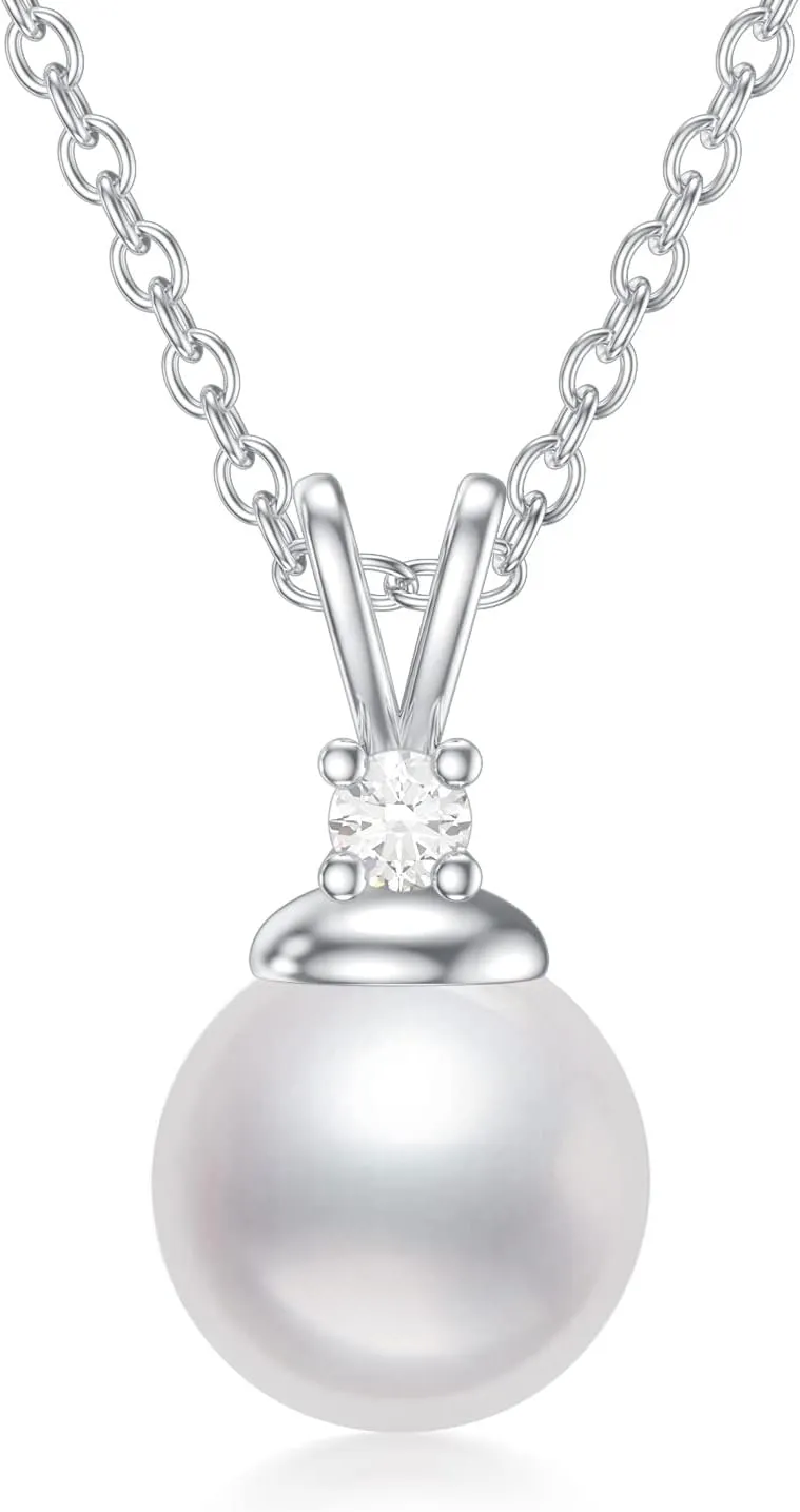 Diamond Pearl Pendant Necklace for Women in Sterling Silver Freshwater Cultured Pearl with Natural Diamonds Jewelry Gift for Her