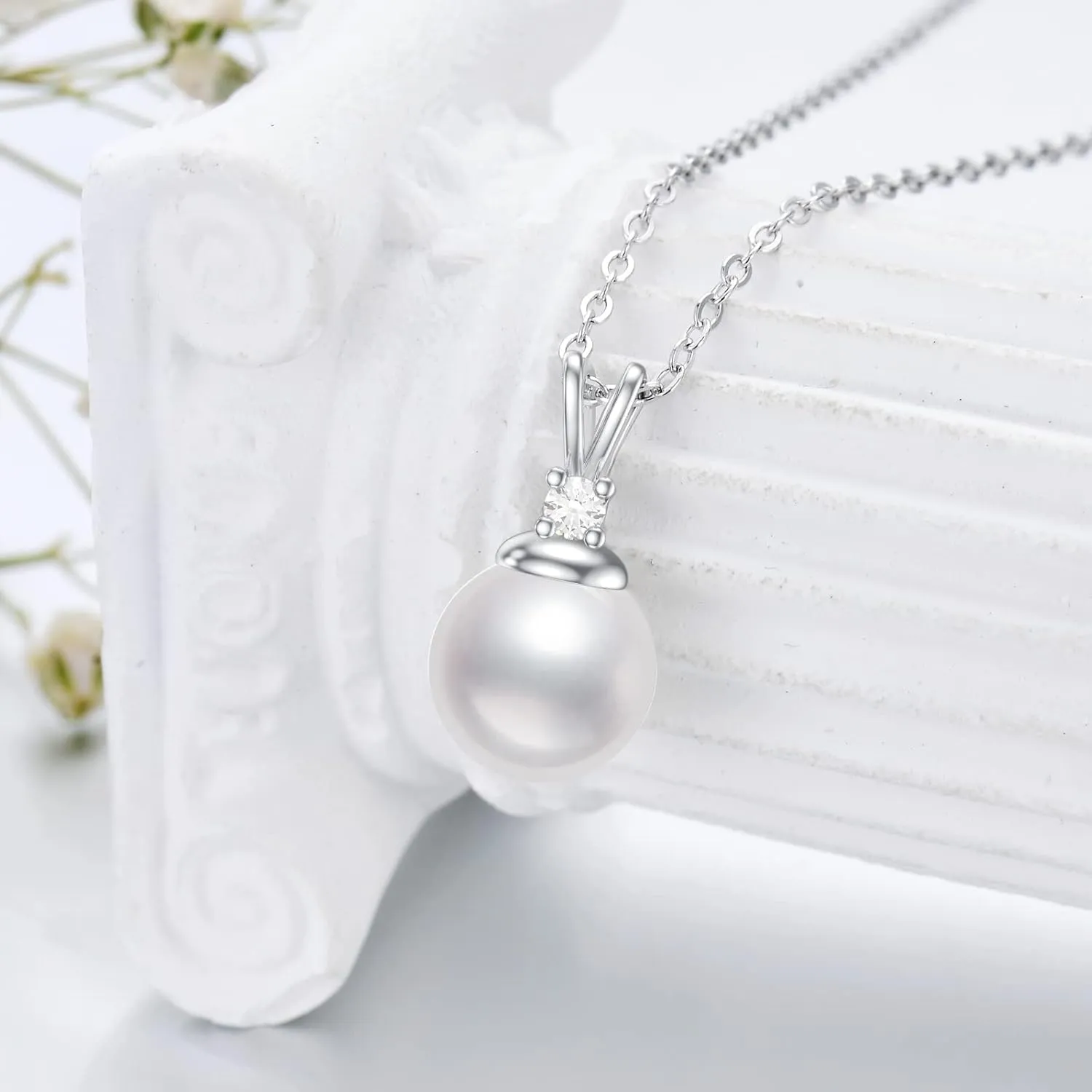 Diamond Pearl Pendant Necklace for Women in Sterling Silver Freshwater Cultured Pearl with Natural Diamonds Jewelry Gift for Her