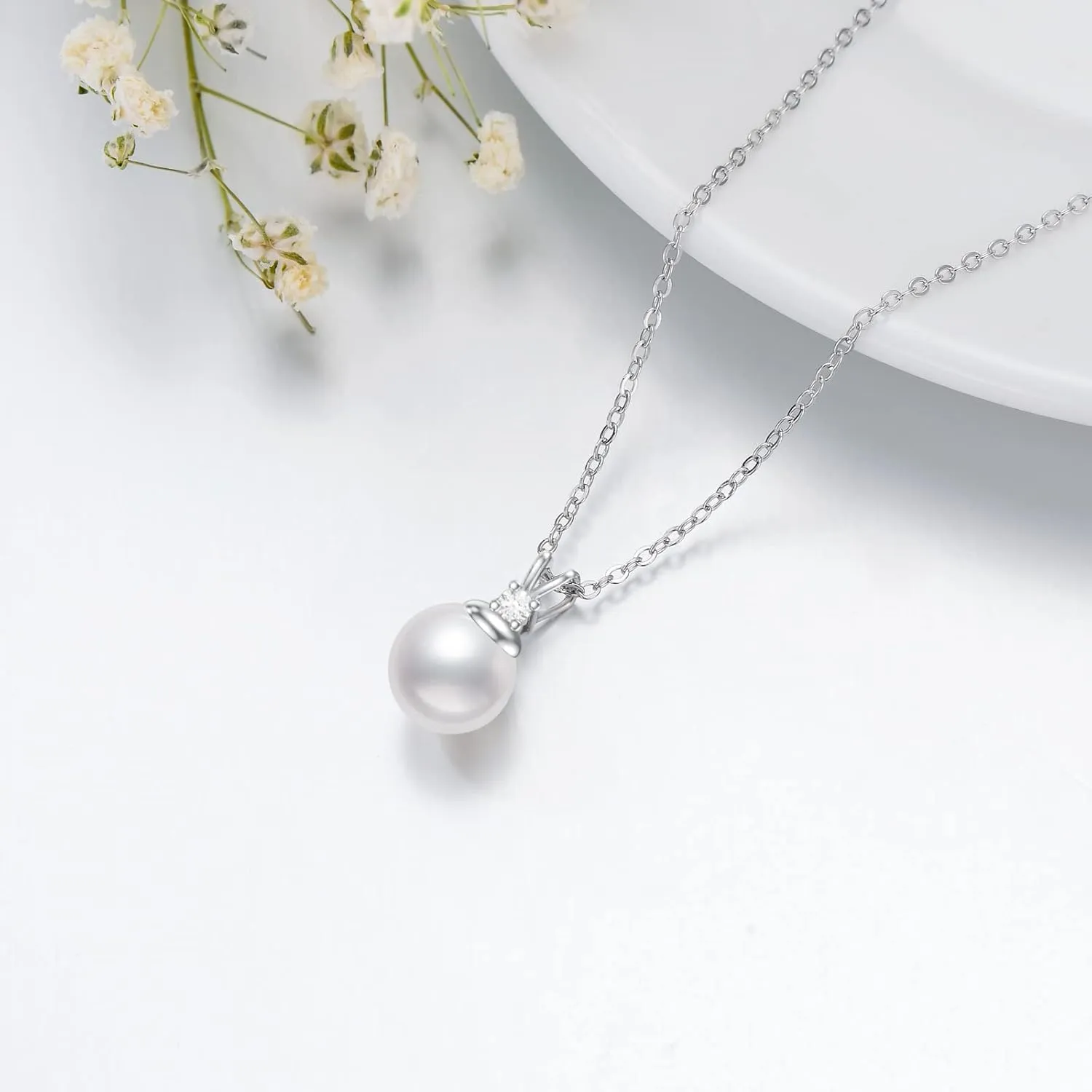 Diamond Pearl Pendant Necklace for Women in Sterling Silver Freshwater Cultured Pearl with Natural Diamonds Jewelry Gift for Her