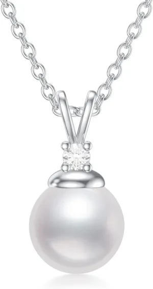 Diamond Pearl Pendant Necklace for Women in Sterling Silver Freshwater Cultured Pearl with Natural Diamonds Jewelry Gift for Her