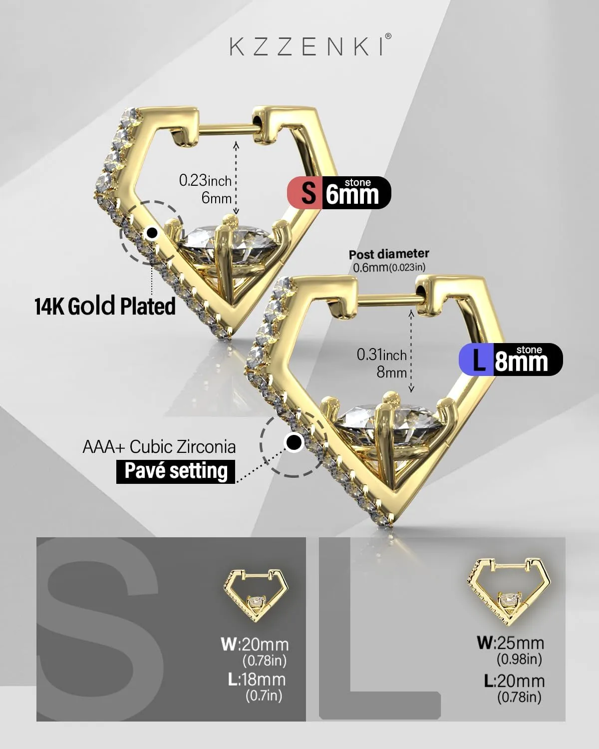 Diamond Shaped Huggie Hoop Earrings for Women Men 14K Gold Plated Cubic Zirconia Cuff Earrings Stud Jewelry Gift