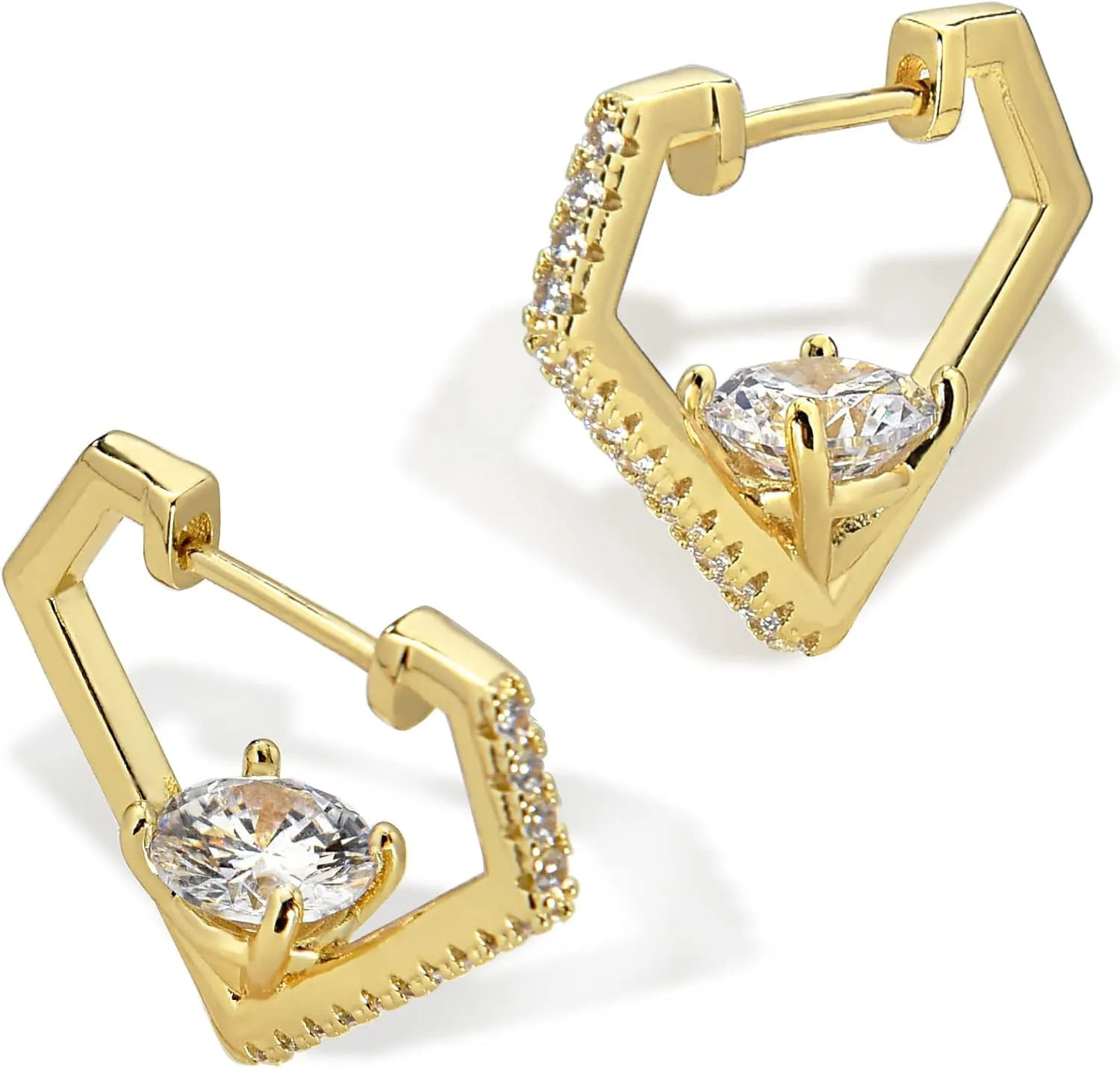 Diamond Shaped Huggie Hoop Earrings for Women Men 14K Gold Plated Cubic Zirconia Cuff Earrings Stud Jewelry Gift