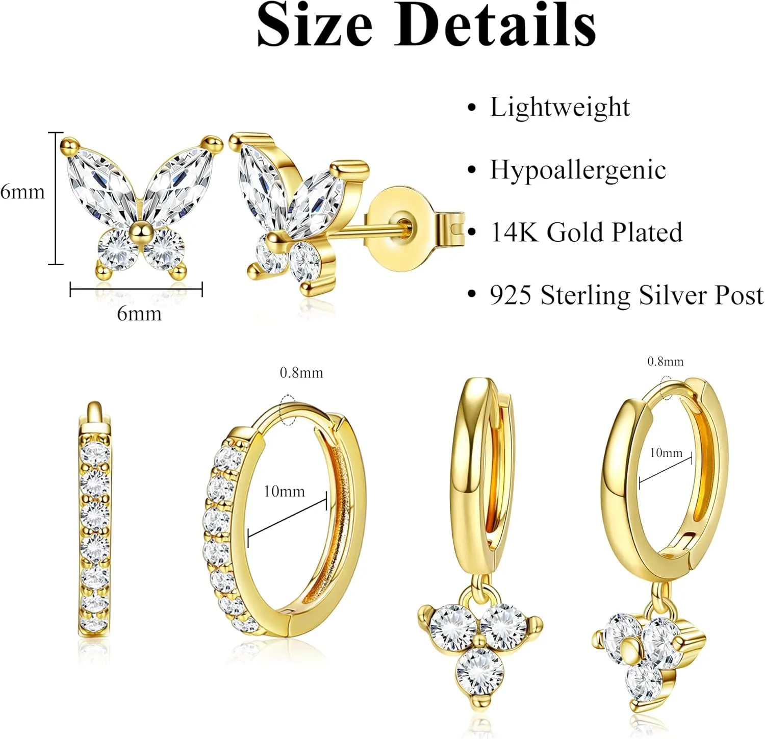 Dochais Small Gold Huggies Hoop Earrings Dainty Gold Earrings Set For Women, Gold Dangle Earrings Set, 925 Sterling Silver Earrings, Small Studs Earring Set, 14K Gold Plated Cartilage Earrings, Hypoallergenic Gold Earrings Drop Earrings