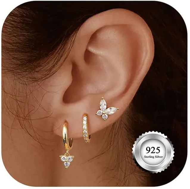 Dochais Small Gold Huggies Hoop Earrings Dainty Gold Earrings Set For Women, Gold Dangle Earrings Set, 925 Sterling Silver Earrings, Small Studs Earring Set, 14K Gold Plated Cartilage Earrings, Hypoallergenic Gold Earrings Drop Earrings
