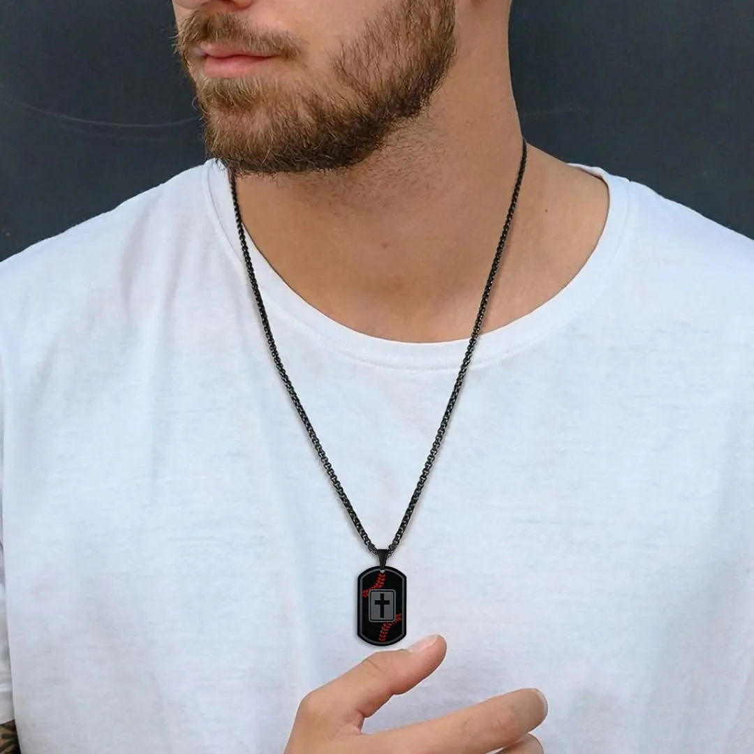 Dog Tag Necklaces for Men Titanium Steel Baseball/Basketball/Soccer/Mens Cross Necklace Black Pendant Religious Gifts for Him