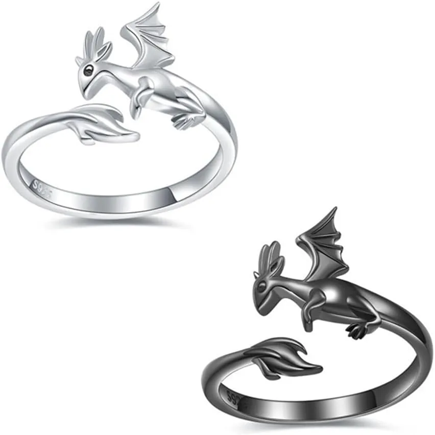 Dragon Ring 2pcs Cool Evil Open Set - Funky Animal Ring Black White - Street Fashion - Devil Dragon Jewelry for Women