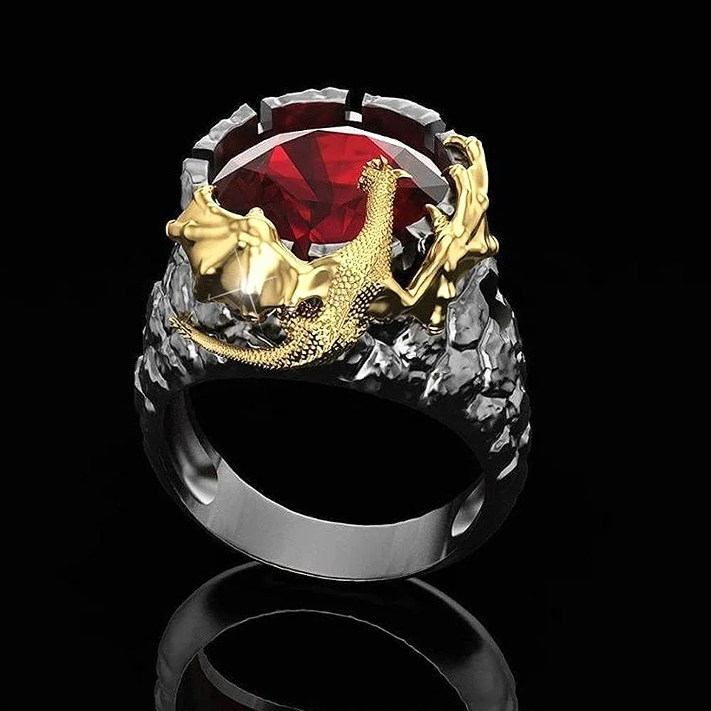 Dragon Ring Shiny Inlay Red Crystal Rhinestone Ring Uniquely Stylish 3D Dragon Shape Band Rings Gothic Hip Hop Punk Party Jewelry Gifts for Men