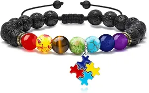 Dreuyet Autism Awareness Bracelet 7 Chacarat Bead Lace Bracelet Red Ribbon Charm Bracelets Healing Chakra Crystal Bracelets Puzzle Piece Jewelry Gifts