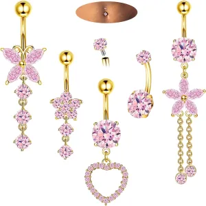 Drperfect 14G Belly Button Piercing Rings for Women - Surgical Stainless Steel with Cute CZ Flower, Butterfly, and Heart Designs -Belly Rings Dangle Navel Piercing Jewelry (Pink/Gold/Silver