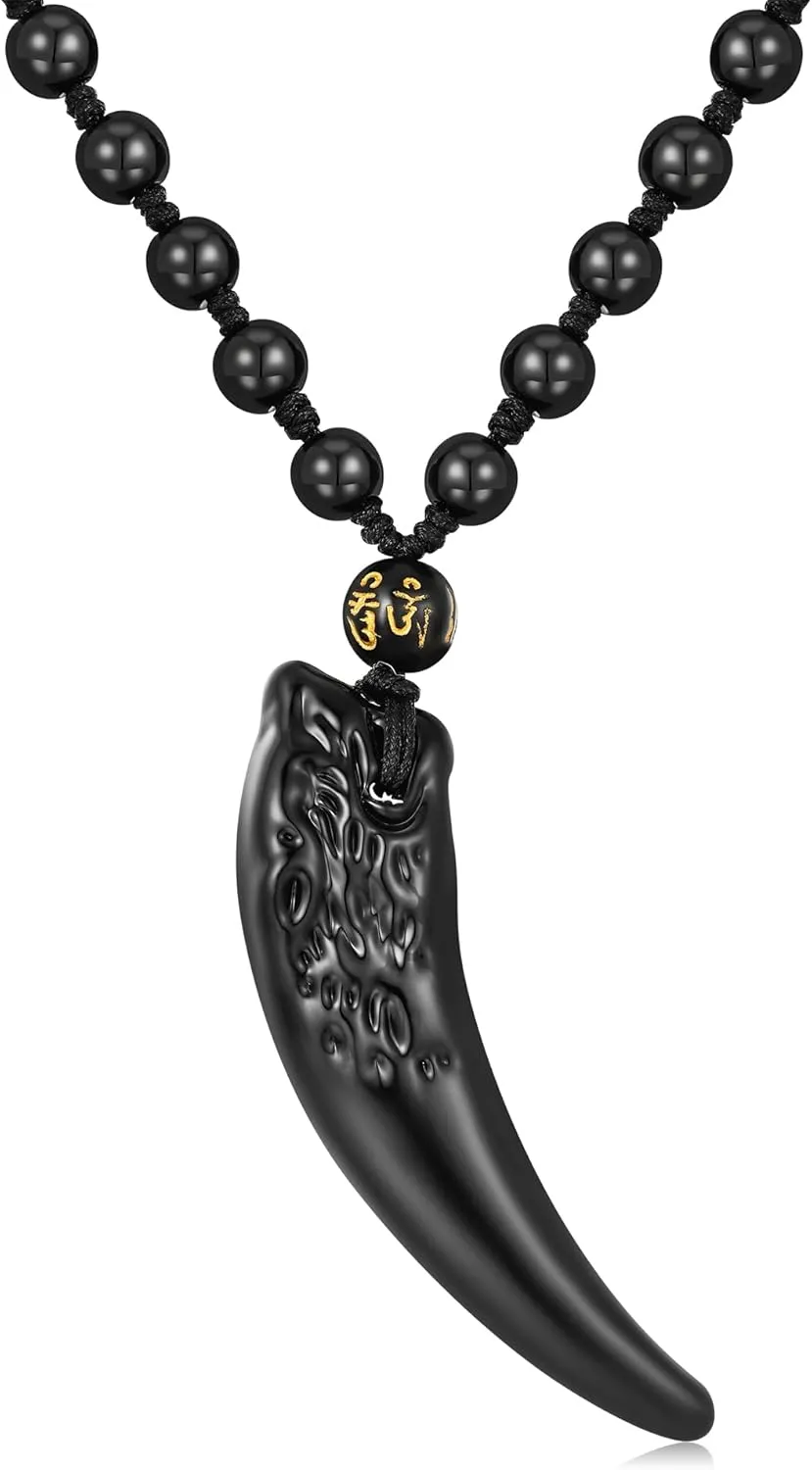 Dr's gift Wolf Tooth Necklace Black Obsidian Necklace Amulet Protection Pendant Adjustable Rope Lucky Talisman Necklaces for Men/Women