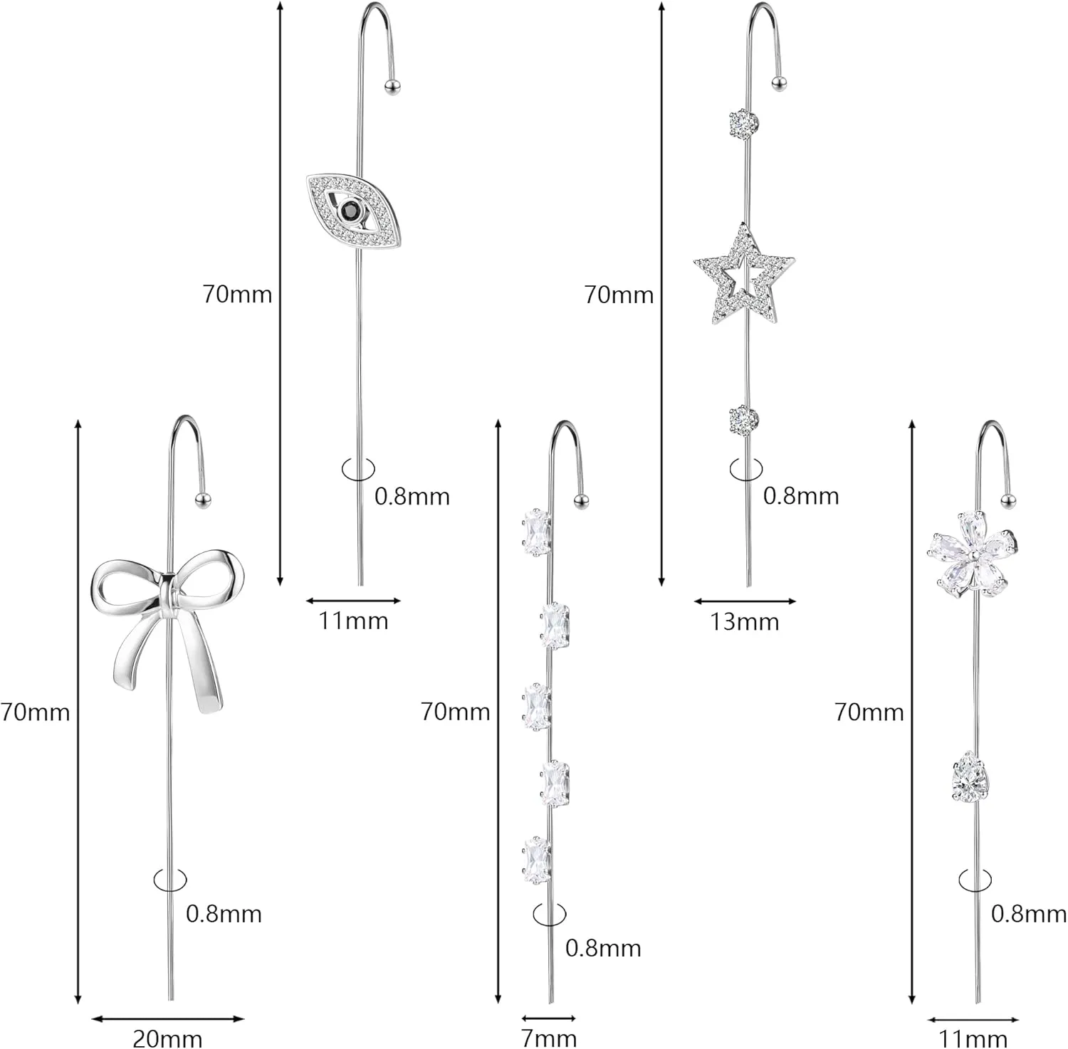 Ear Crawler & Helix Hook Earrings for Women - Hypoallergenic Surgical Steel Ear Cuff, Snowflake & Lightning Bolt Rhinestone Designs, Trendy Clip/Wrap Jewelry for Cartilage/Pierced Dragon Earrings for Women or Men