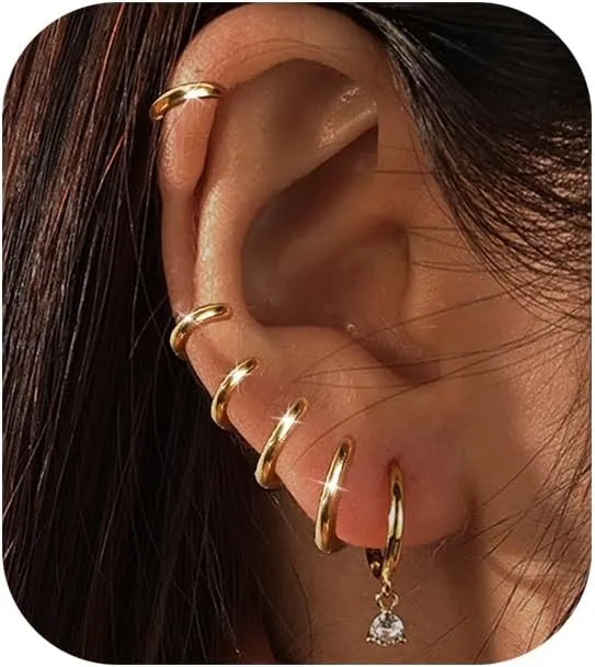 Earring Sets for Multiple Piercing Cartilage Stud Earrings for Women Hypoallergenic Dainty Gold Earrings 14K Gold Plated Earring Stack Trendy Small Huggie Hoop Earrings