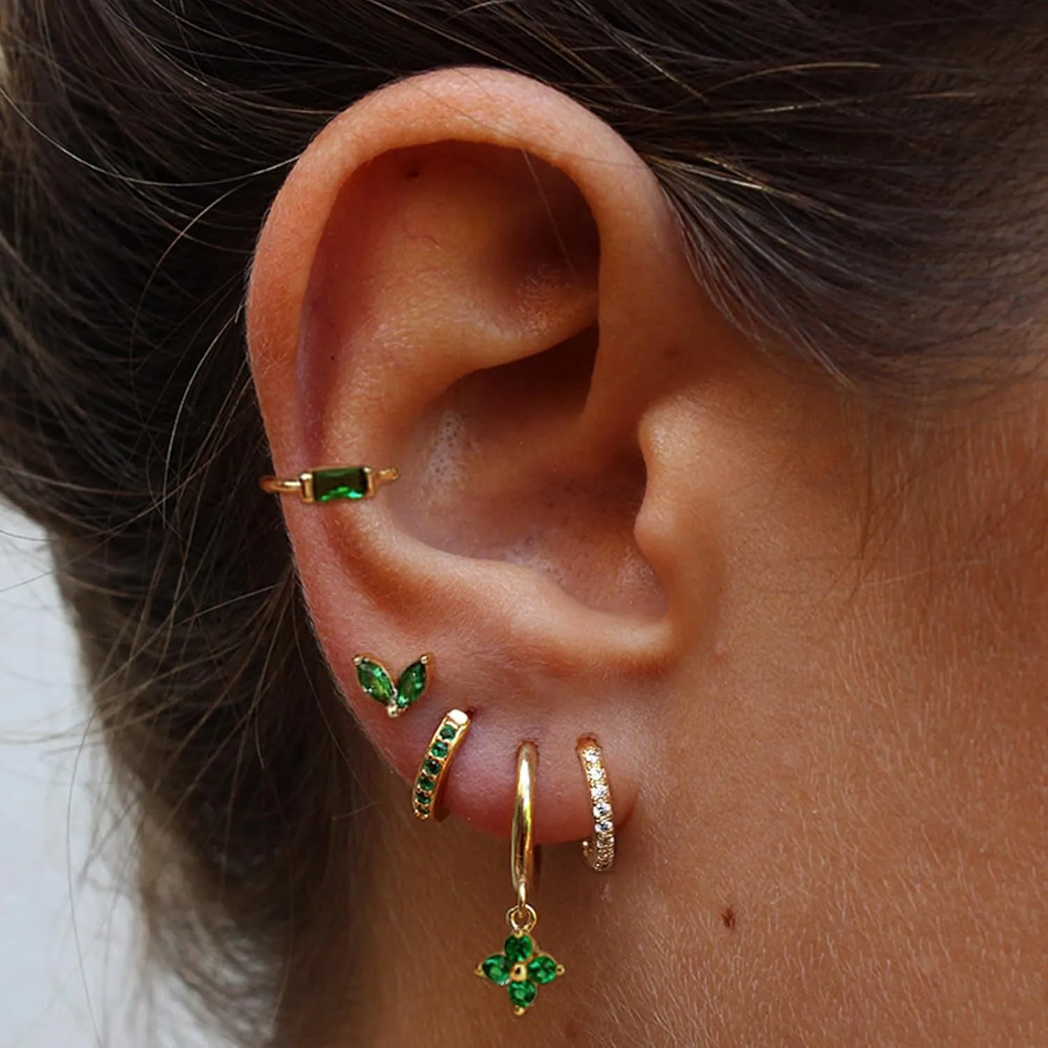 Earring Sets for Multiple Piercing Small Gold Earring Stack 14K Gold/Silver Plated Huggie Hoop Earrings for Women Hypoallergenic Cartilage Stud Gold and Green Earring Set