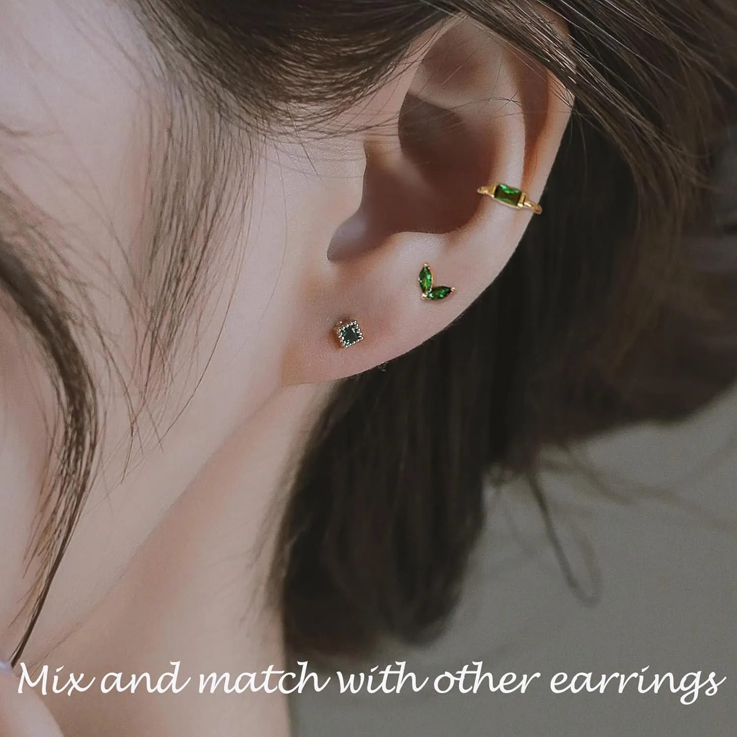 Earring Sets for Multiple Piercing Small Gold Earring Stack 14K Gold/Silver Plated Huggie Hoop Earrings for Women Hypoallergenic Cartilage Stud Gold and Green Earring Set
