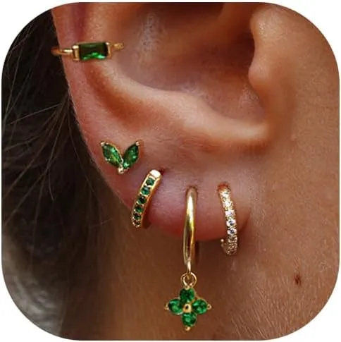Earring Sets for Multiple Piercing Small Gold Earring Stack 14K Gold/Silver Plated Huggie Hoop Earrings for Women Hypoallergenic Cartilage Stud Gold and Green Earring Set
