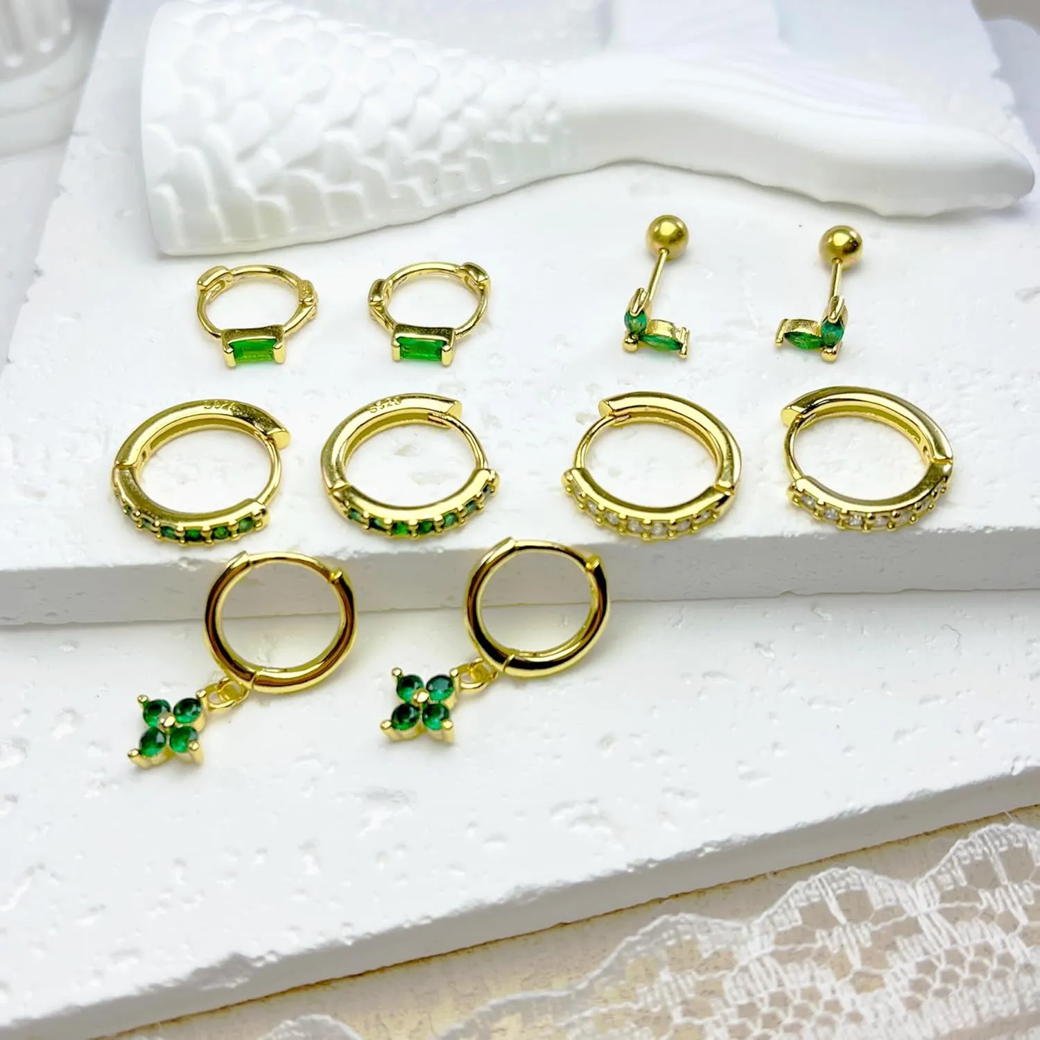 Earring Sets for Multiple Piercing Small Gold Earring Stack 14K Gold/Silver Plated Huggie Hoop Earrings for Women Hypoallergenic Cartilage Stud Gold and Green Earring Set