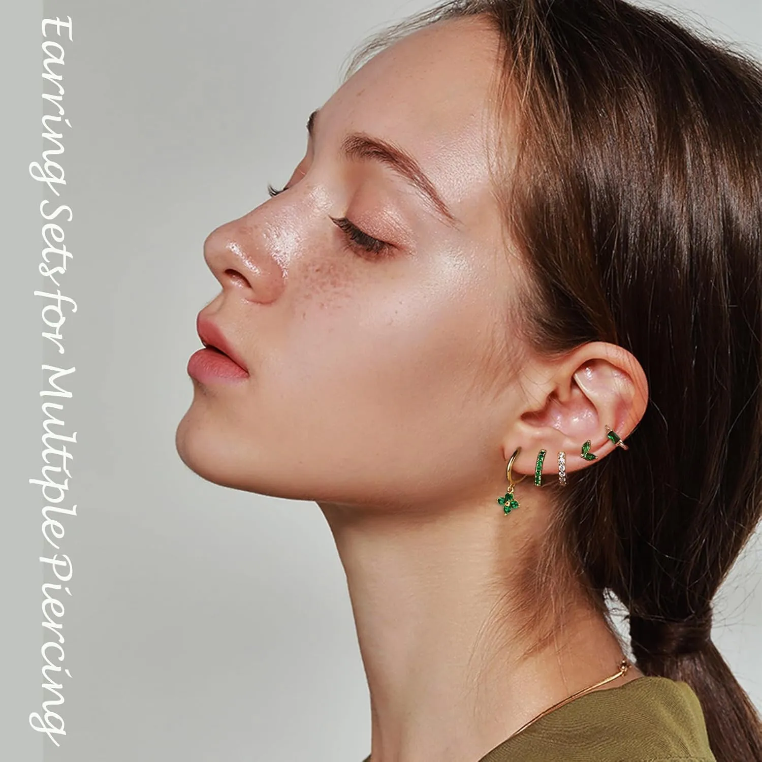 Earring Sets for Multiple Piercing Small Gold Earring Stack 14K Gold/Silver Plated Huggie Hoop Earrings for Women Hypoallergenic Cartilage Stud Gold and Green Earring Set