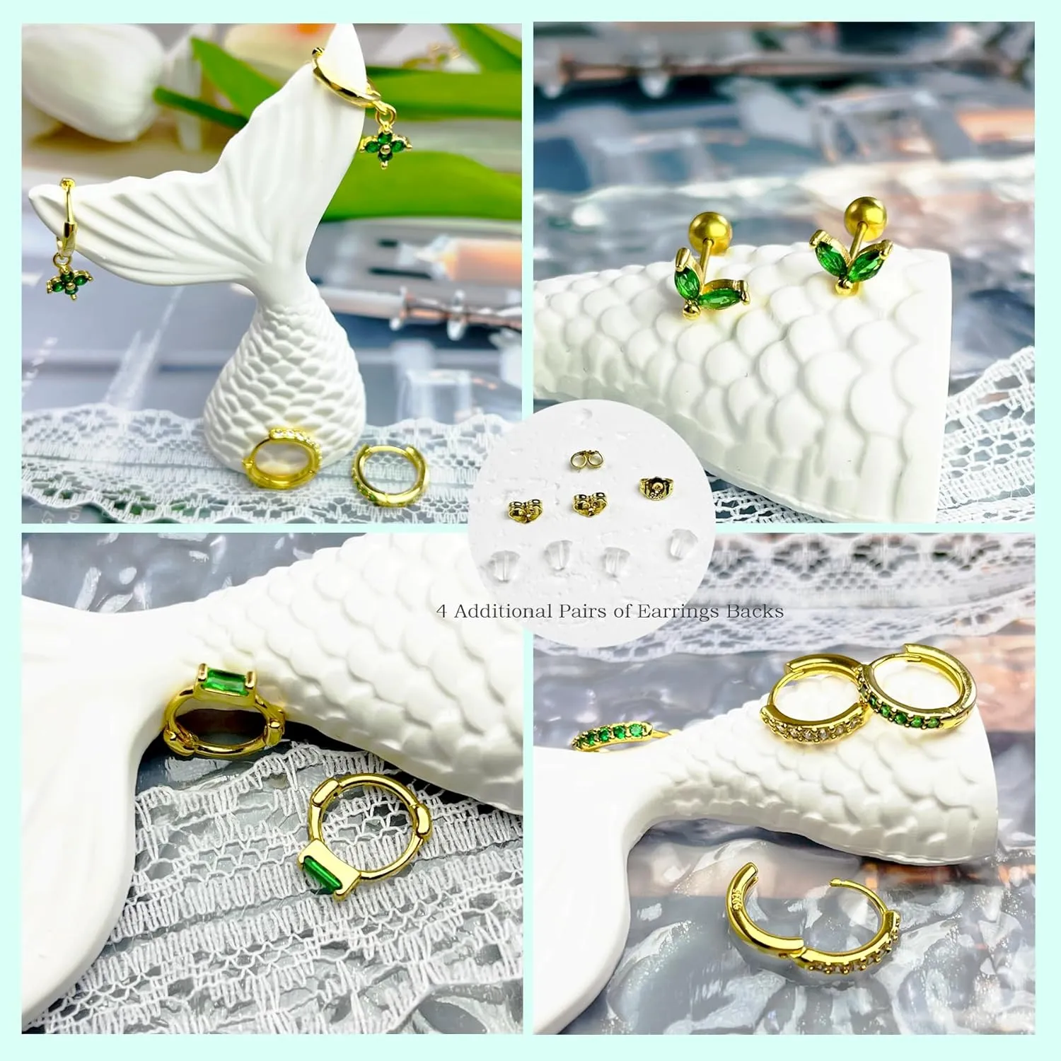 Earring Sets for Multiple Piercing Small Gold Earring Stack 14K Gold/Silver Plated Huggie Hoop Earrings for Women Hypoallergenic Cartilage Stud Gold and Green Earring Set